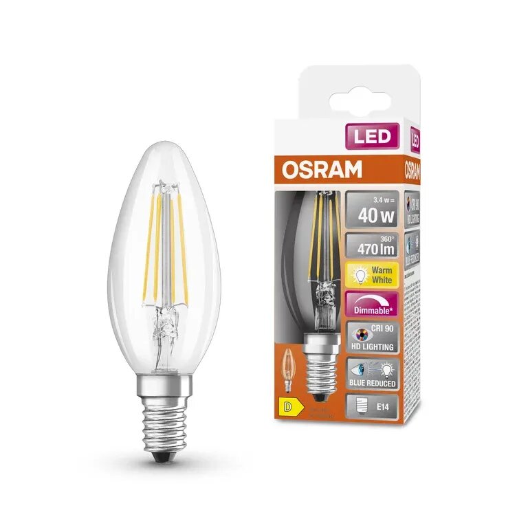 Лампочка светодиодная OSRAM Свеча B E14 34Вт 220В 470Лм 2700К Теплый белый Филаментная Диммируемая уп. 1шт