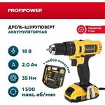 Аккумуляторный шуруповерт Profipower с набором оснастки 18V/2Ah/35Nm - изображение