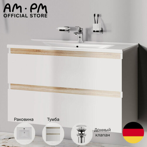 Изображение товара Тумба с раковиной в ванную AM.PM с металлическим донным клапаном, подвесная, 100 см