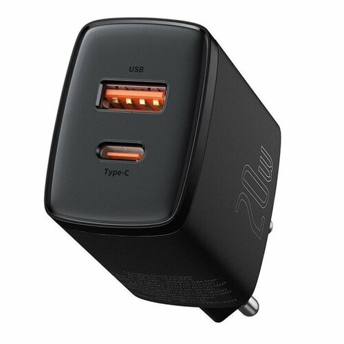 Зарядное устройство Baseus Compact Quick Charger USB+Type-C, 3A, 20W, черный сетевая зарядка baseus compact quick charger ccxj b01 usb type c 5 12v 3a черный