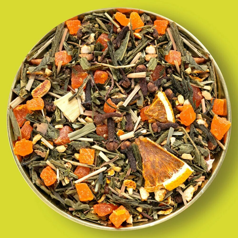 Зеленый чай рассыпной листовой Апельсин имбирь, натуральный китайский / очищающий напиток 100 гр.