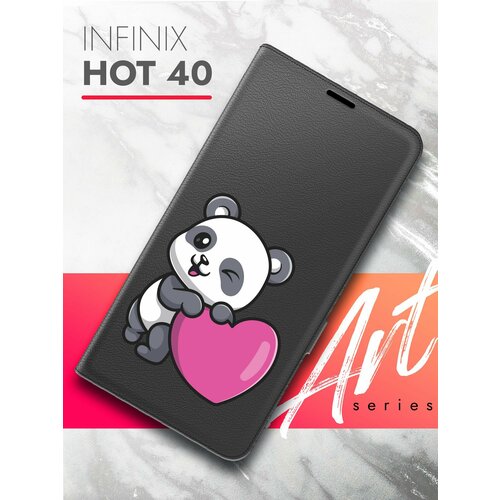 Чехол на Infinix HOT 40 (Инфиникс Хот 40) черный книжка эко-кожа с функцией подставки и магнитами Book case, Brozo (принт) Панда Сердце чехол на infinix hot 40 инфиникс хот 40 черный книжка эко кожа с функцией подставки и магнитами book case brozo принт лайк