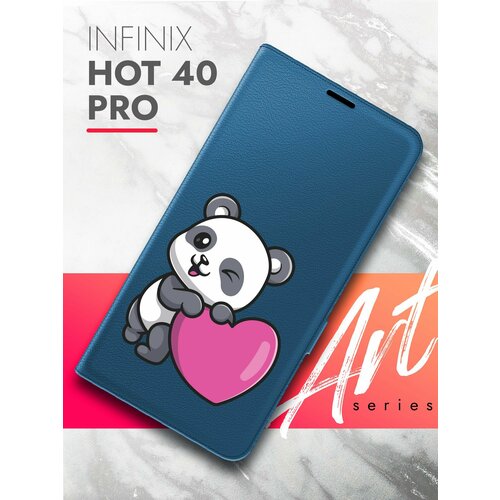 Чехол на Infinix HOT 40 Pro (Инфиникс ХОТ 40 Про) синий книжка эко-кожа с функцией подставки и магнитами Book Case, Brozo (принт) Панда Сердце чехол на infinix hot 40 pro инфиникс хот 40 про синий книжка эко кожа с функцией подставки и магнитами book case brozo принт череп змея