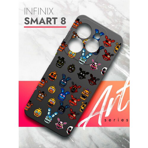 Чехол на Infinix Smart 8 (Инфиникс Смарт 8) черный матовый силиконовый с защитой (бортиком) вокруг камер, Brozo (принт) Аниматроник Паттерн чехол на infinix smart 8 инфиникс смарт 8 черный матовый силиконовый с защитой бортиком вокруг камер brozo принт корги в пончике