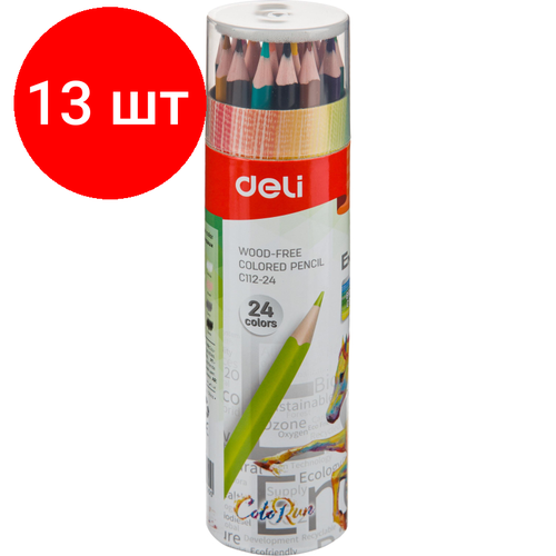 Комплект 13 наб, Карандаши цветные Deli Enovation EC112-24 3-гран. пластик 24цв/наб бум туба