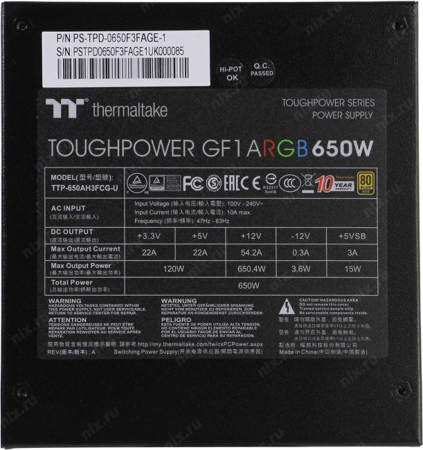 Блок питания THERMALTAKE Toughpower GF1 ARGB, 650Вт, 140мм, черный, retail [ps-tpd-0650f3fage-1] - фото №16