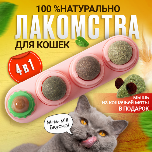 Леденец с кошачьей мятой, шарик лакомство для кошек 3 шт + конфета + мышка из кошачьей мяты . Цвет розовый