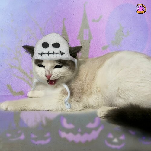Шапка вязанная Призрак для фотосессий питомцев кошек и собак на хэллоуин ручной работы