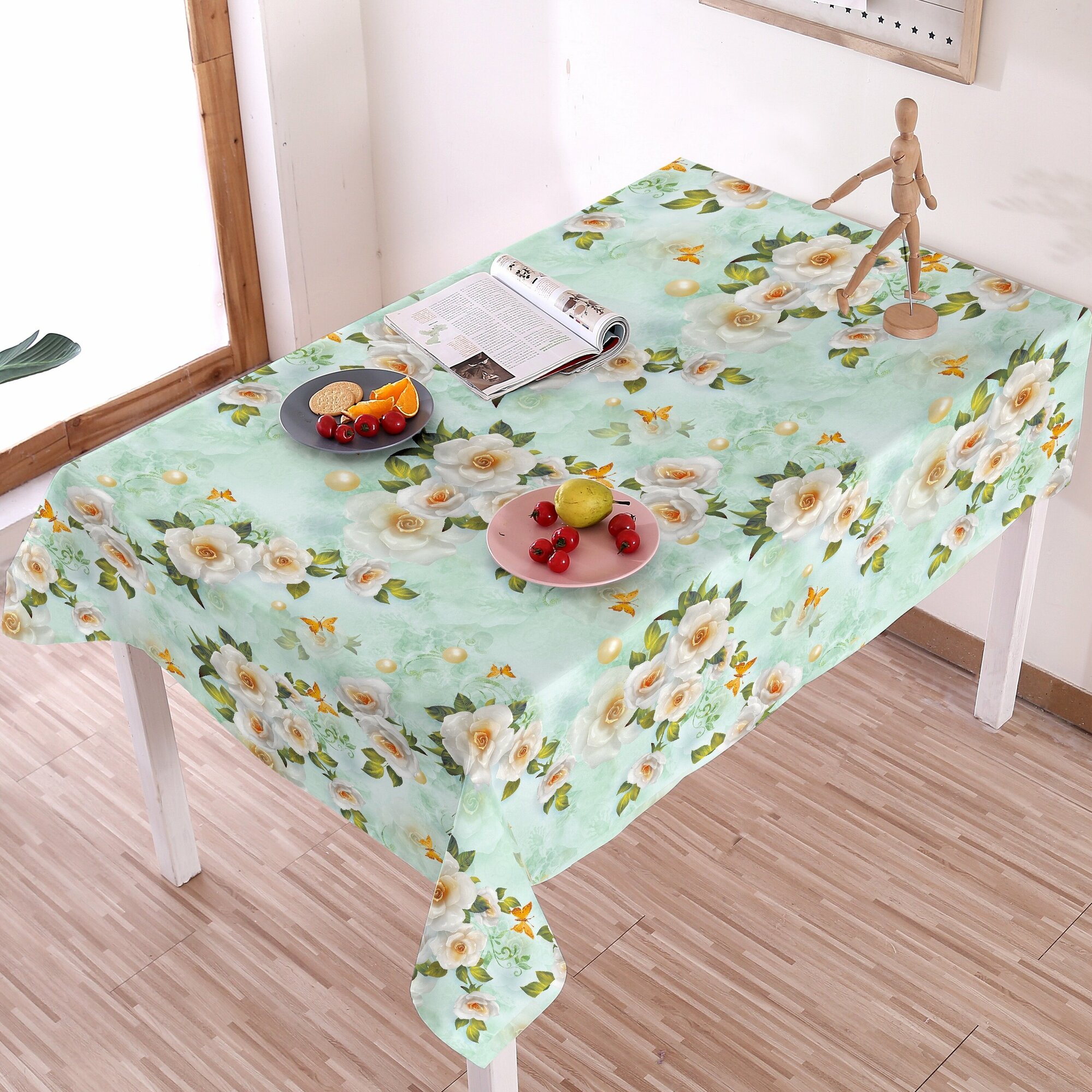 фото Скатерть-клеенка кухонная , ткань с ПВХ покрытием 137х110 см, принт - Цветы на зеленом ( STS2205 )