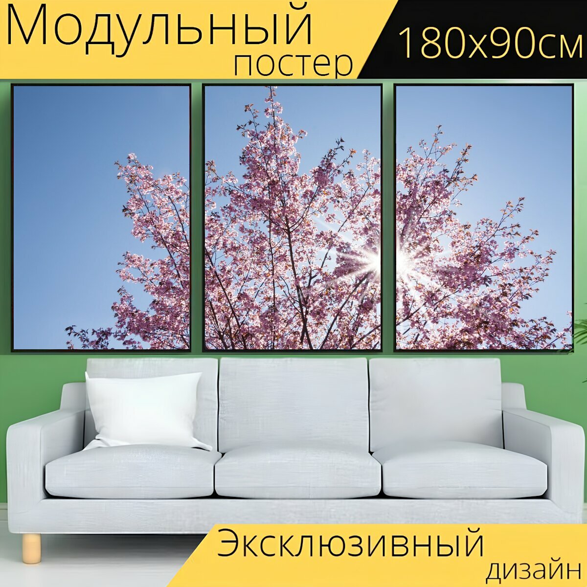 Модульный постер "Весна, вишня в цвету, японская вишня" 180 x 90 см. для интерьера