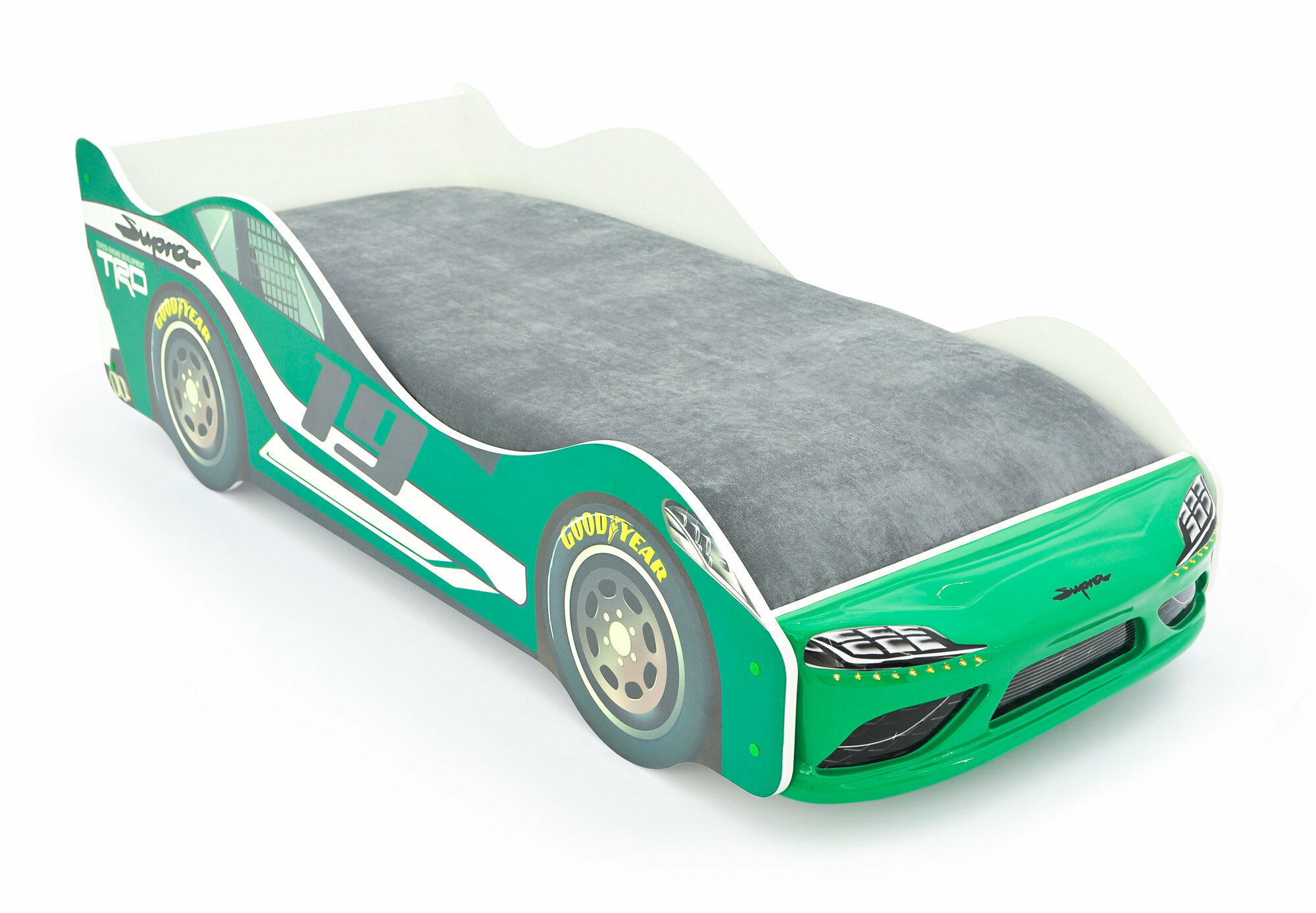 Детская кровать машина Супра зеленая с подъемным механизмом, ящиком и подсветкой фар