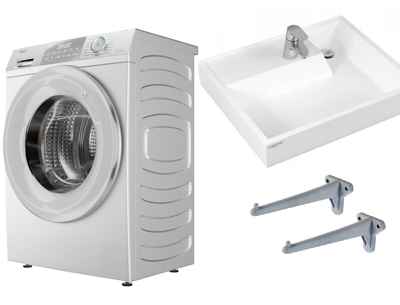 Haier HW60-BP10929B с раковиной Юпитер 50 над стиральной машиной