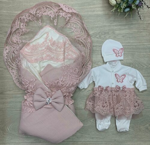 Изображение товара Конверт для новорожденных на выписку в роддом нарядный лён для девочки розовый