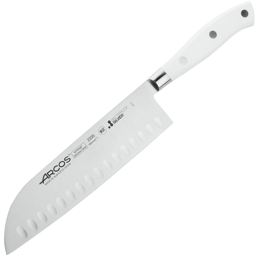 Нож поварской сантоку из кованой высокоуглеродистой нержавеющей стали, 18 см, пластиковая рукоять, белый, серия Riviera Blanc, Arcos, 233524W