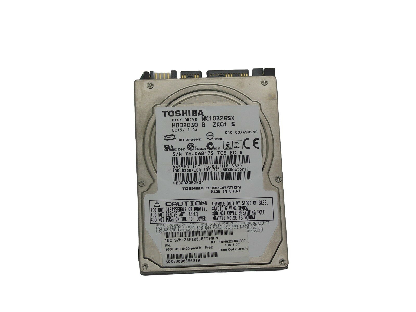 Жесткий диск 2,5" Toshiba 100 GB SATA MK1032GSX