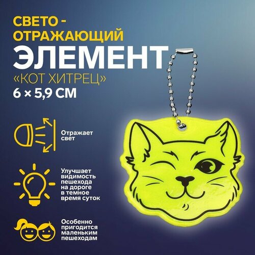 Светоотражающий элемент Кот хитрец, двусторонний, 6 x 5,9 см, цвет микс 9 шт светоотражающий элемент узор зебра двусторонний 5 x 5 7 см цвет микс 9 шт