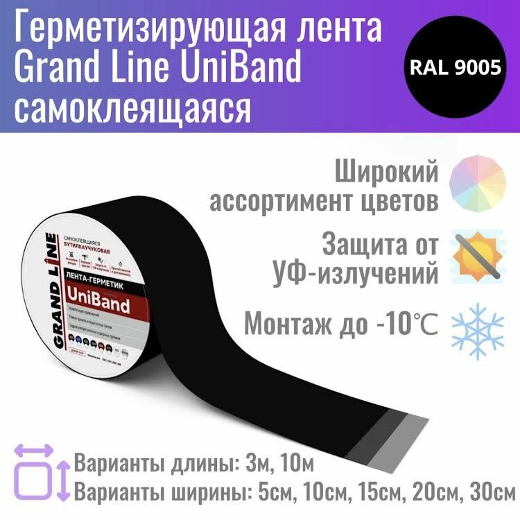 Герметизирующая лента Grand Line UniBand самоклеящаяся 10м*15см RAL 9005 (черная)