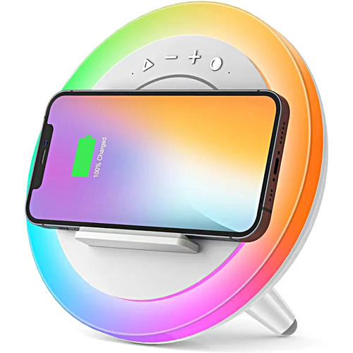 Умный светильник RGB Ночник с беспроводной зарядкой и Bluetooth колонкой, Белый