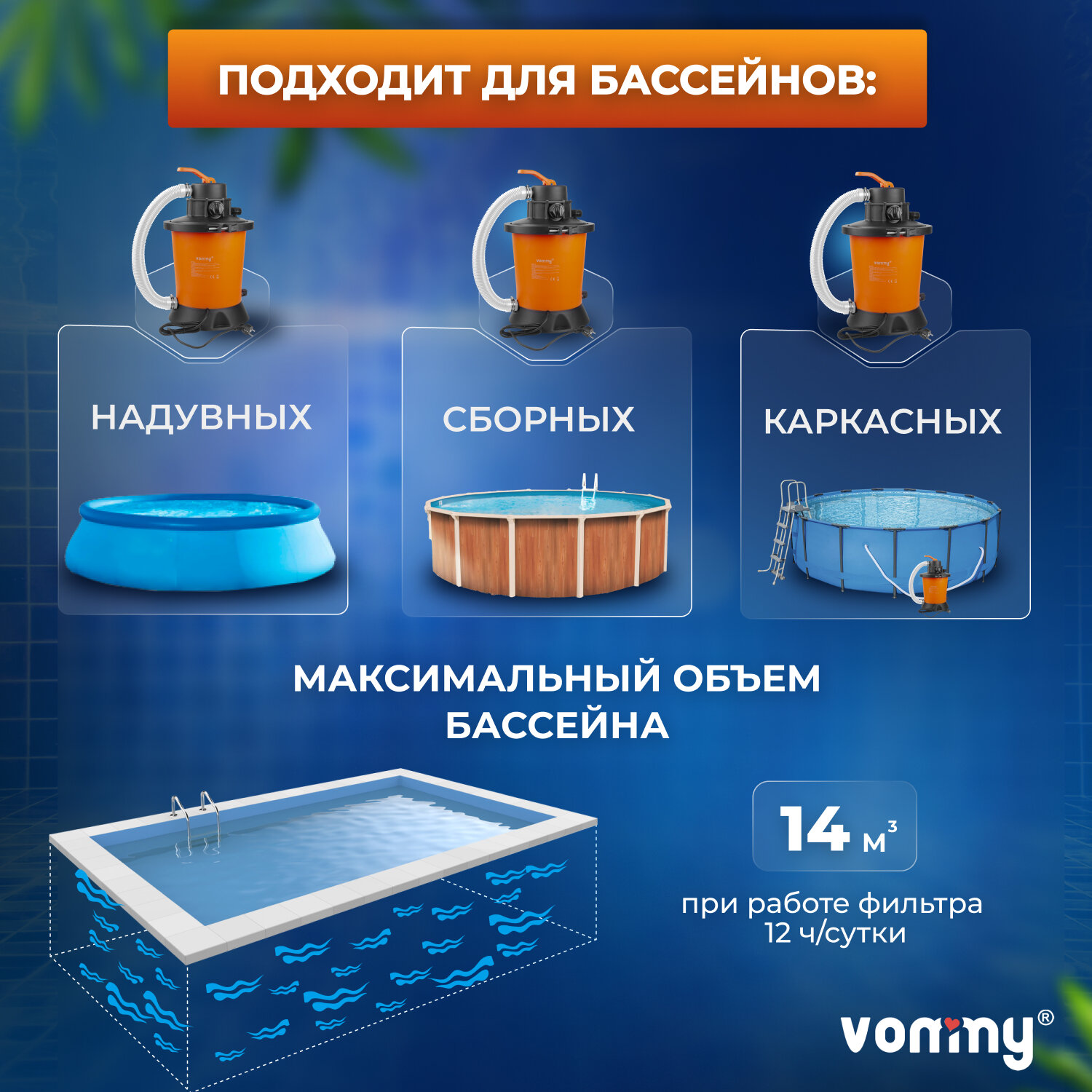Песочный фильтр-насос (песчаный) Vommy VM-1 EASY- 3,028 куб. м/час для бассейна объемом до 14 куб. м - каркасных, надувных, сборных бассейнов