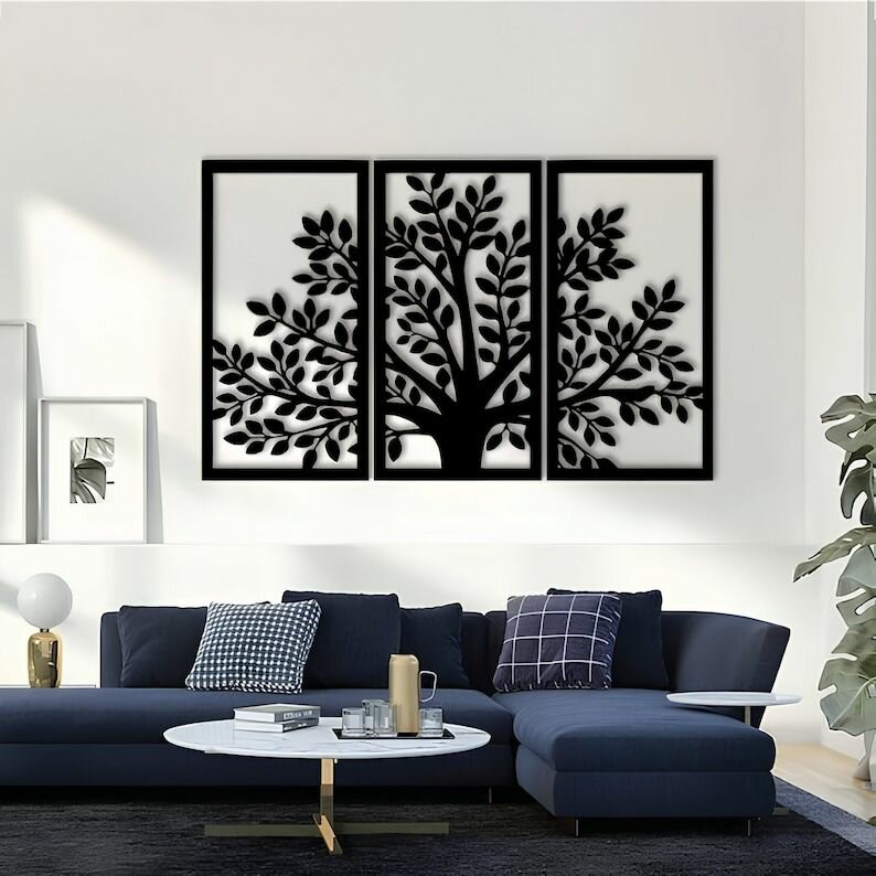 Чертеж, декоративное панно, Лиственное дерево, набор из 3 элементов декора (черный цвет), DXF для ЧПУ станка