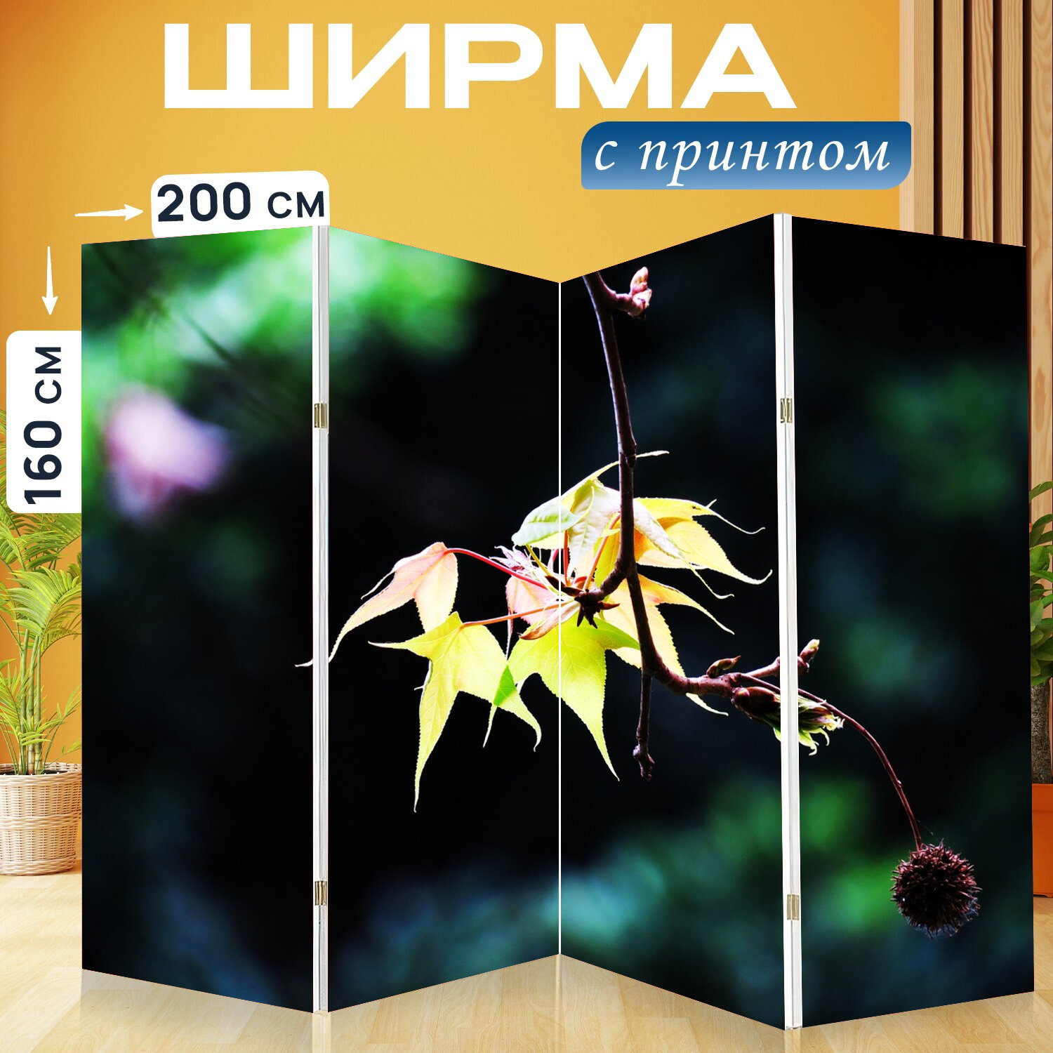 Ширма перегородка с принтом "Кленовый лист, завод, природа" на холсте - 200x160 см. для зонирования, раскладная