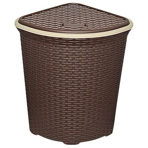 фото Корзина для белья 60л угловая с крышкой "Ротанг", коричневая, 405 x 405 x 570 мм