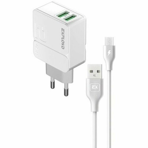 Сетевое зарядное устройство Exployd EX-Z-1441, 2 USB, 2.4 А, кабель microUSB, белое