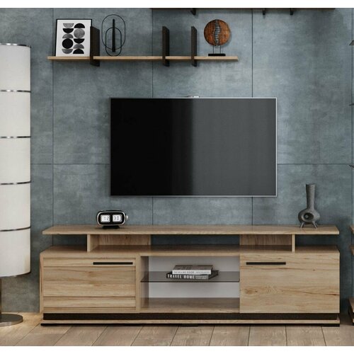 Тумба под телевизор Модена МТ 2 гикори рокфорд/венге ЛДСП/МДФ, со стеклянной полкой, для гостиной, дома 1680 х 526х406 домани