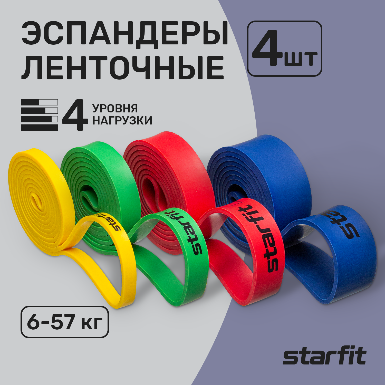 Мини-эспандеры STARFIT ES-206 черный/серый/малиновый/лаймовый 4 шт.