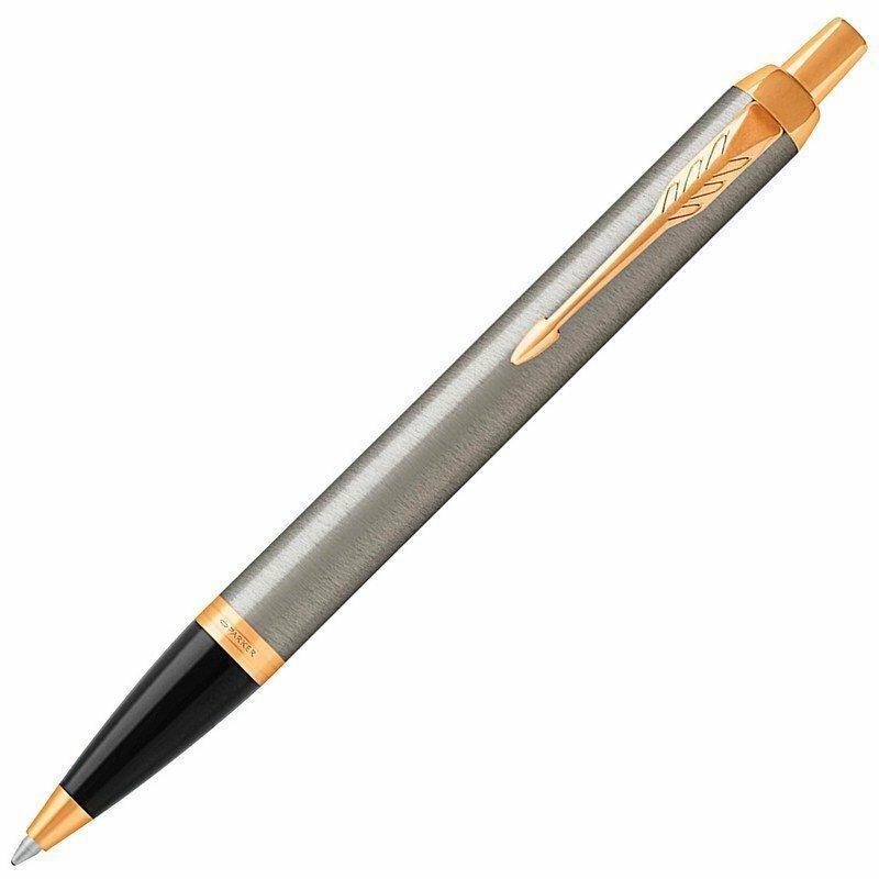 Ручка шариковая PARKER "IM Core Brushed Metal GT", корпус серебристый матовый лак, позолоченные детали, синяя,