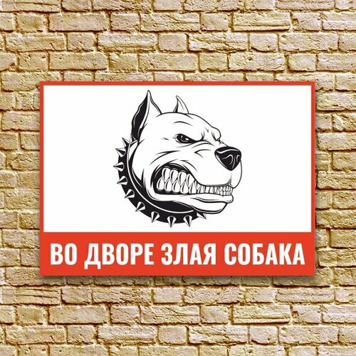 Яркая информационная табличка с изображением злобной собаки 21х30 см белый, черный, красный