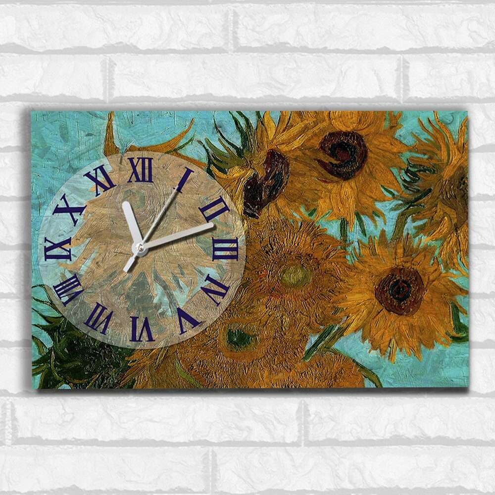 Настенные бесшумные часы ОСБ со смещенным циферблатом Vincent Van Gogh (Винсент Ван Гог Подсолнухи Ваза с цветами картины репродукции великие художники) - 2627
