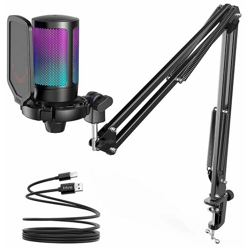 Конденсаторный USB Микрофон Fifine A6T Ampligame с RGB-подсветкой компьютерный игровой для стримов для конференций Black 799000₽