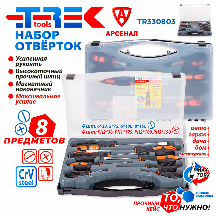 Набор отверток TREK 8 штук (4 шлиц.+ 4 крест.) в кейсе, TR330803