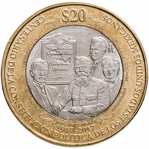 мексика 20 песо 1972 77 г портрет хуана морелоса павона аunc Мексика 20 песо (pesos) 2017 100 лет конституции