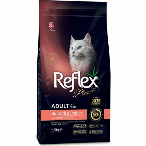 REFLEX Сухой корм для кошек, PLUS Adult Cat Food Hairball Salmon, для выведения шерсти, с лососем, 1,5 кг