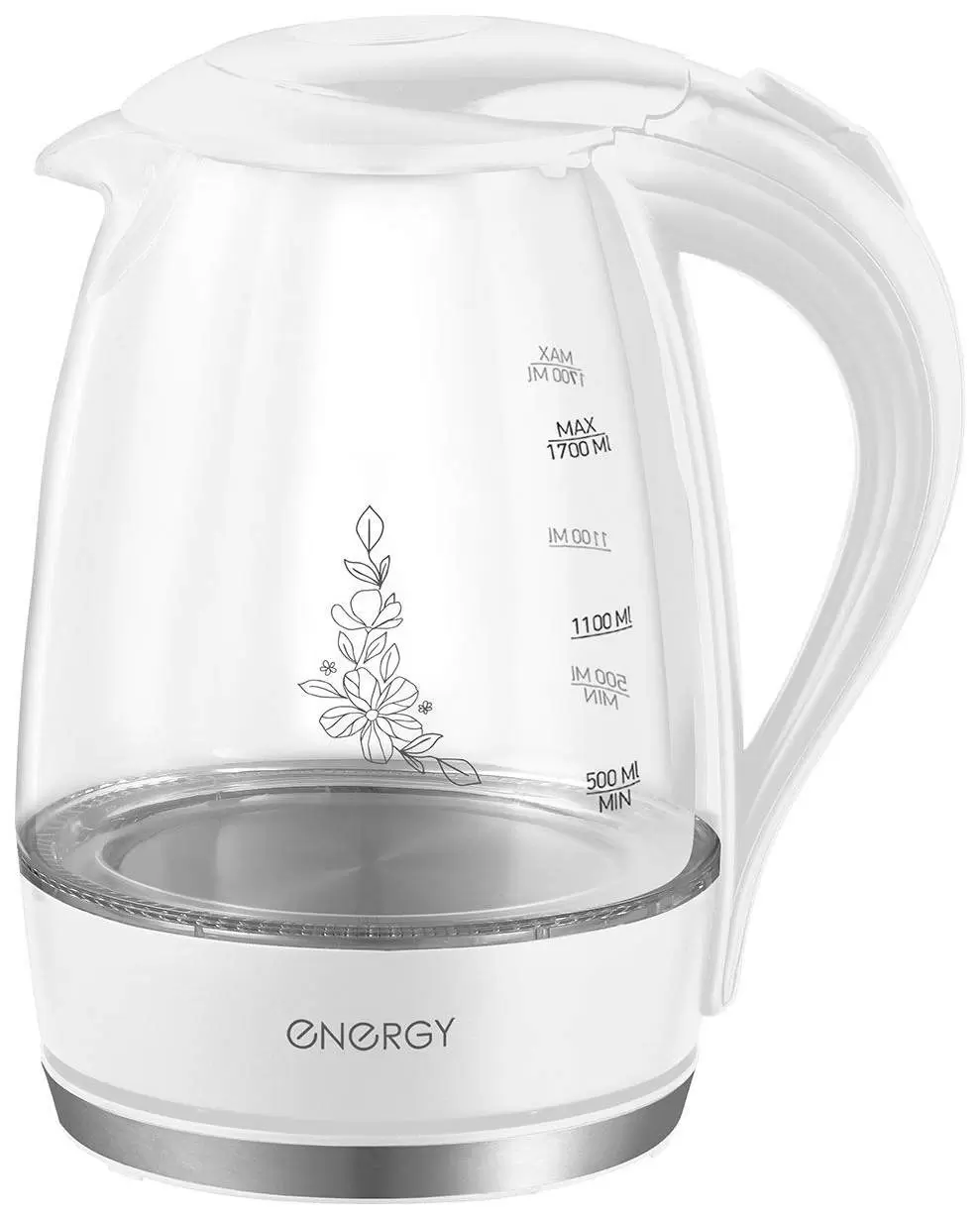 Чайник электрический Energy / Энерджи Е-262 с дисковым нагревательным элементом жаропрочное стекло/пластик фильтр белый 2200Вт 1.7л / техника для кухни / электрочайник с подсветкой кухонный