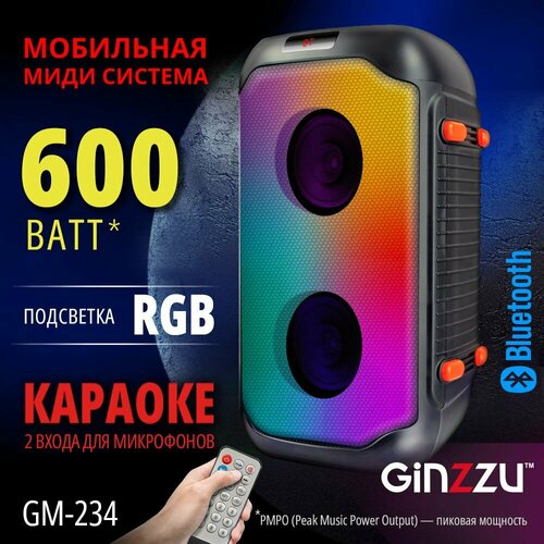 Портативная беспроводная блютуз колонка Акустическая система MIDI Ginzzu GM-234 с Bluetooth 600Вт PMPO 2 динамика по 4 дюйма LED-дисплей TWS USB-flash microSD FM-радио пульт ДУ эквалайзер 2 микрофонных входа 6536₽