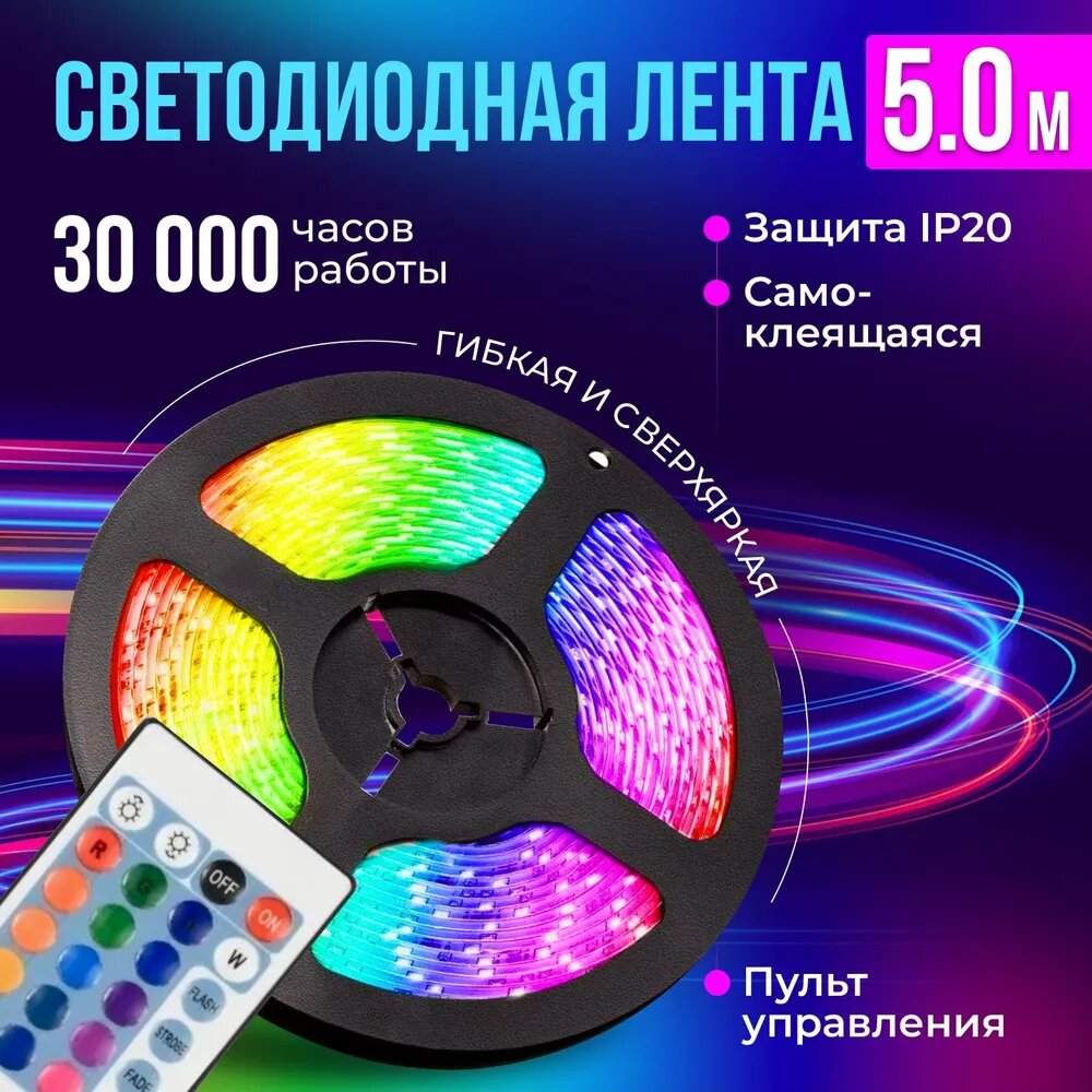 Светодиодная разноцветная RGB лента 5м многоцветная в катушке с пультом