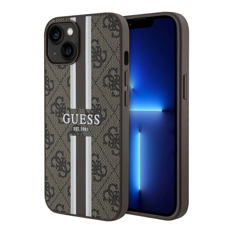 Guess для iPhone 15 чехол кожаный с узором 4G Stripes, коричневый (MagSafe)