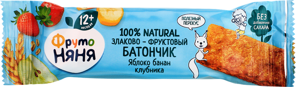 Батончик фруктово-злаковый фрутоняня Яблоко, банан, клубника, с 12 месяцев, 25г