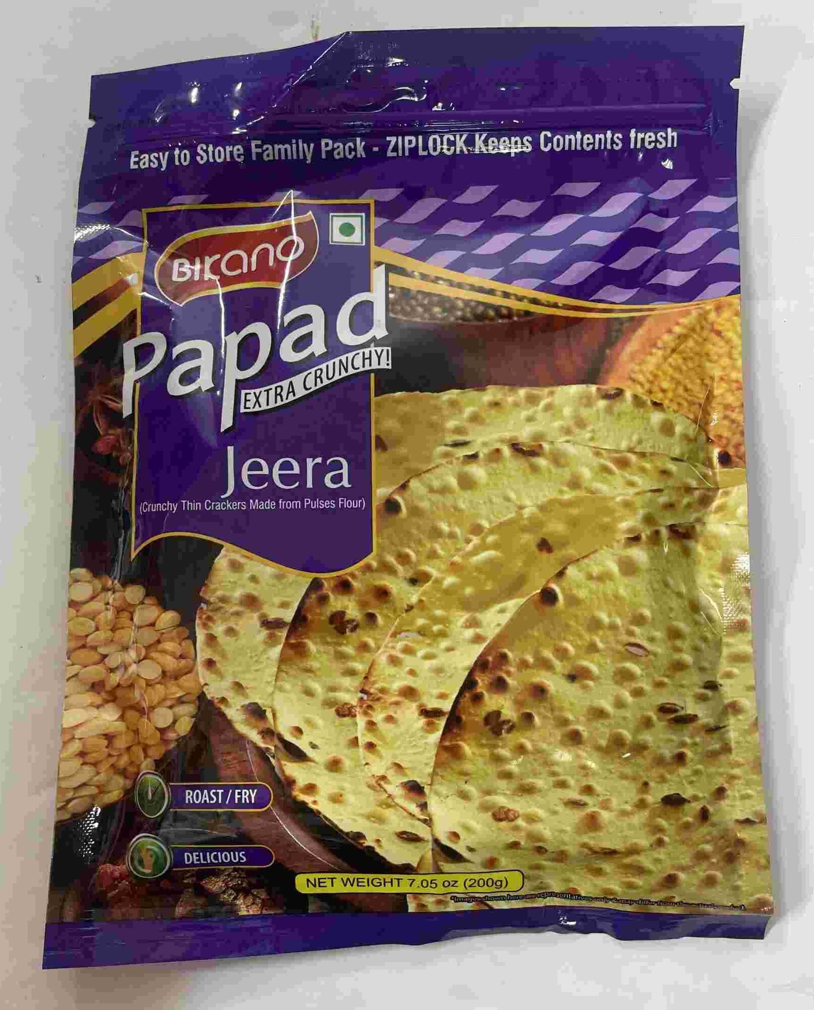 Extra Crunchy PAPAD JEERA, Bikano (Хрустящие лепёшки папад С зирой, Бикано), 200 г.
