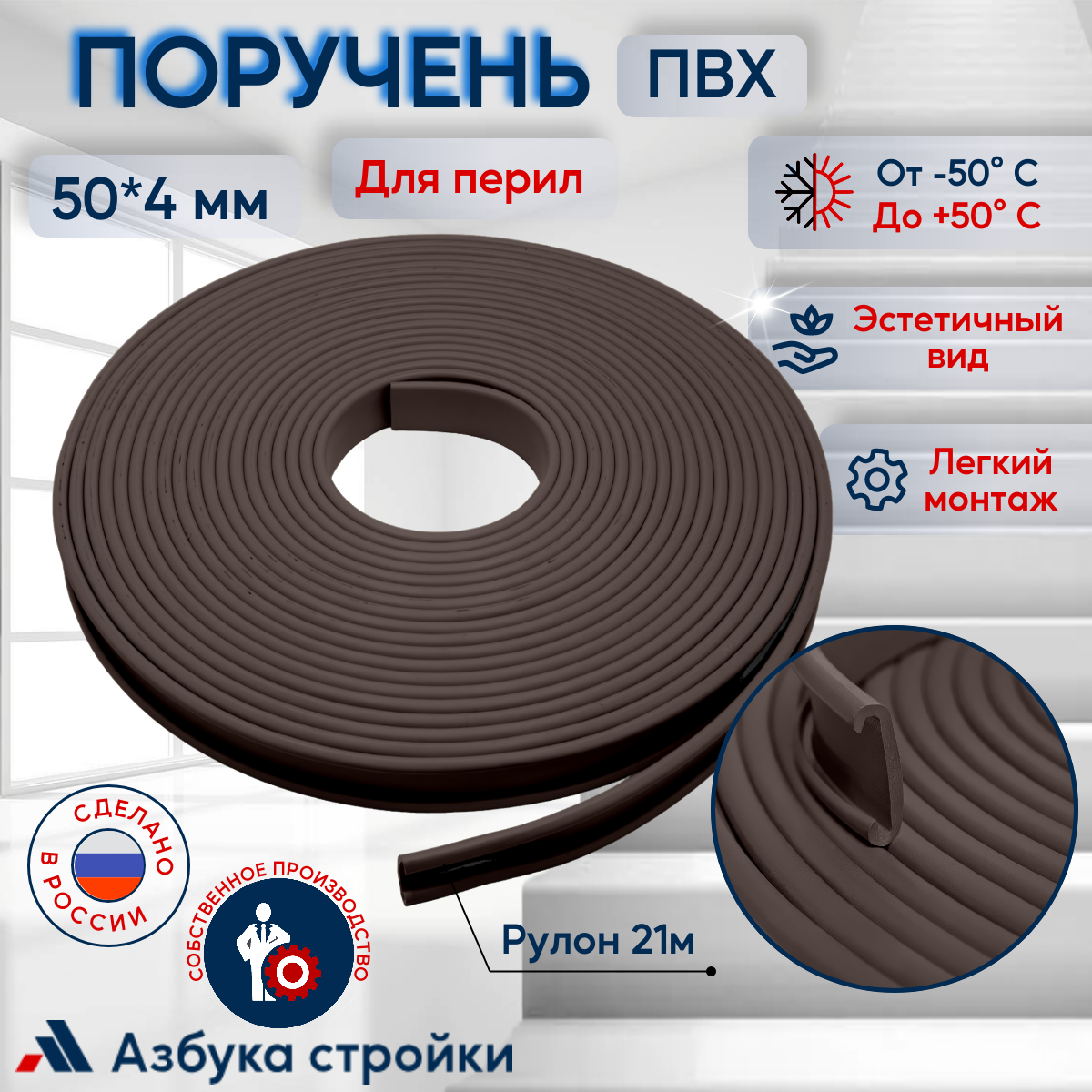 фото Поручень ПВХ для перил 50х4мм, серый, длина 21м.