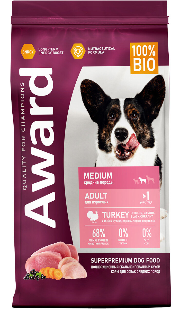AWARD ADULT MEDIUM для взрослых собак средних пород с индейкой и курицей 12 кг
