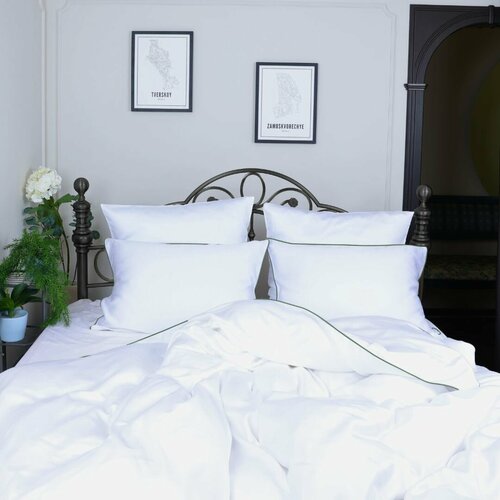 Комплект постельного белья из премиального тенселя 15-спальный в белом цвете с нефритовым кантом от Mollen 12660₽