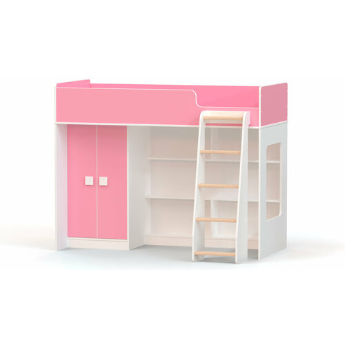 Кровать-чердак с прямым шкафом Ridgimmi 1.2 белый / розовый