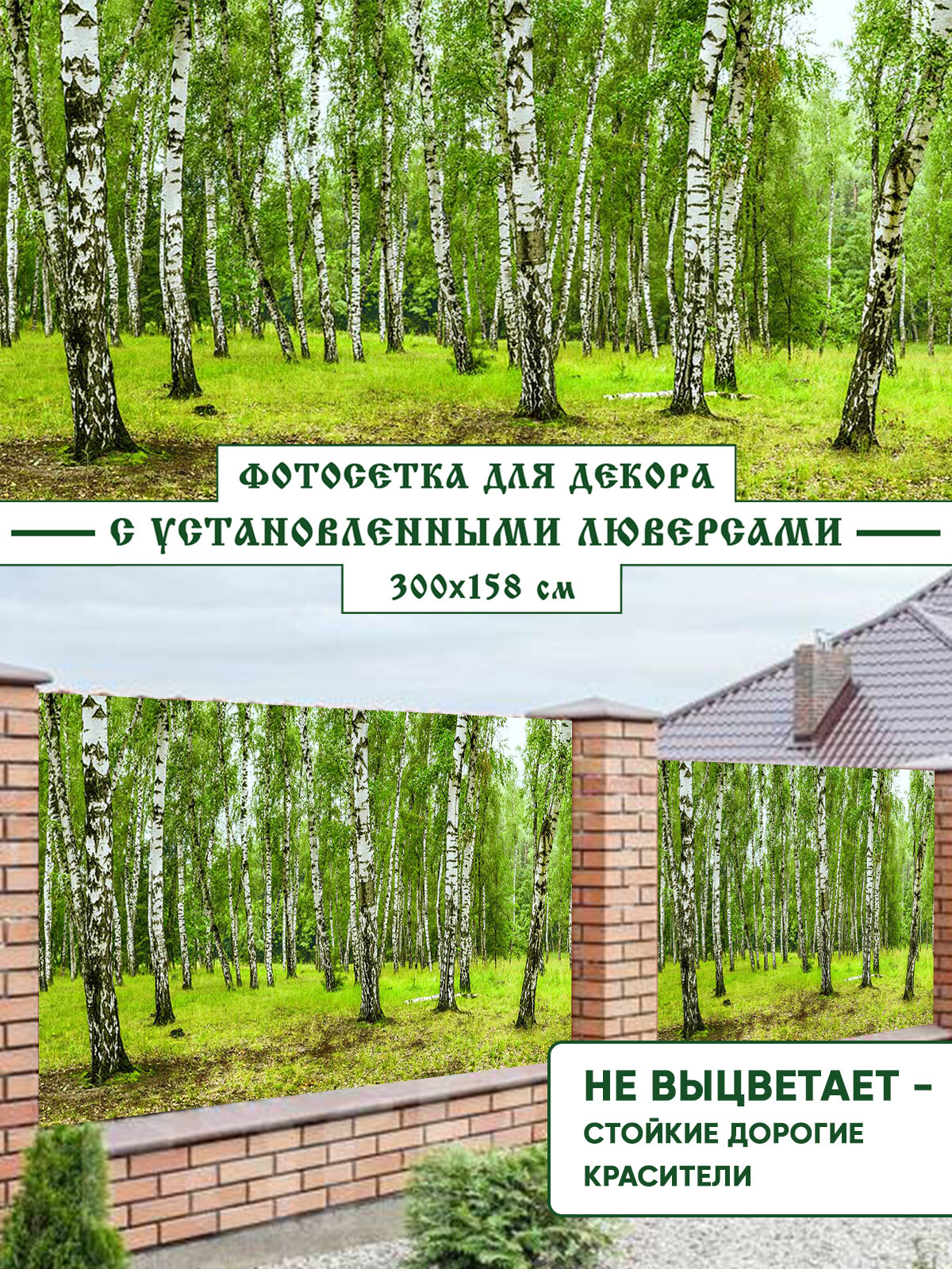 Фотосетка, фотофасад для забора беседки 300x158 см, "Березовый лес"