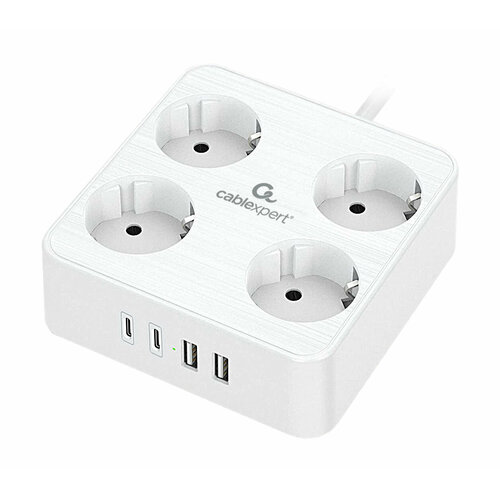 Сетевой фильтр Cablexpert Plate 4р 10А 2xType-C PD 20Вт 2xUSB 2м ур защиты 4 белый короб PLT-4-C2U2-W-2 2395₽