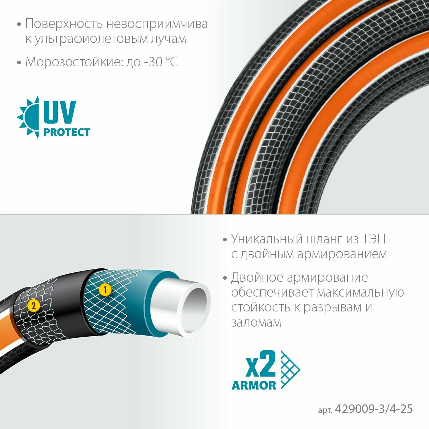 Шланг поливочный пятислойный, двойное армирование, GRINDA ULTRA 6, 3/4″, 25 м, 25 атм, 429009-3/4-25 — фото 1