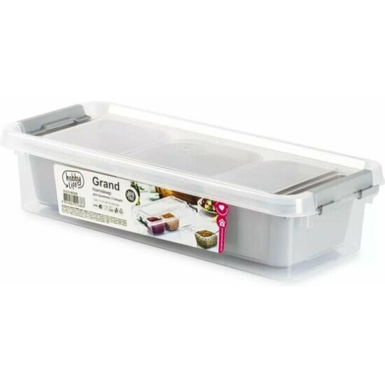 Контейнер Hobby Life для хранения GRAND серый 3 секции 11.3x27.3x6.2см низкий (HL021063GR)